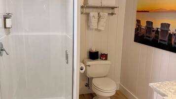 A bathroom with a glass-enclosed shower, a toilet, and a sink with a marble countertop.