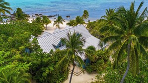 A beachfront property with a modern house, surrounded by lush greenery and palm trees, overlooking the ocean. - Pease Bay Manor is a private, secluded beachfront villa - call Cayman Villas (Bodden Town)