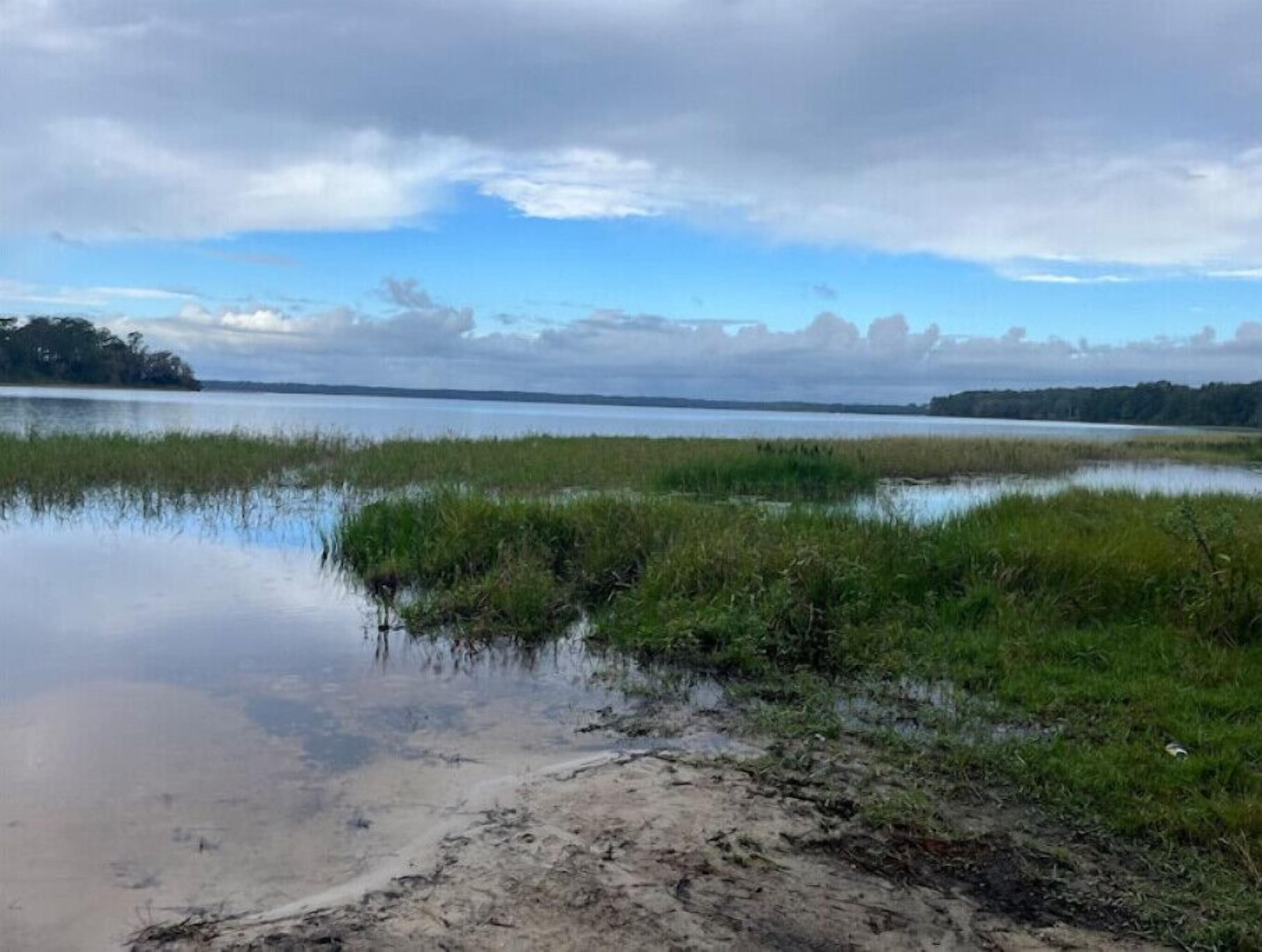 A natural landscape with a body of water, grassy areas, and distant trees under a cloudy sky.