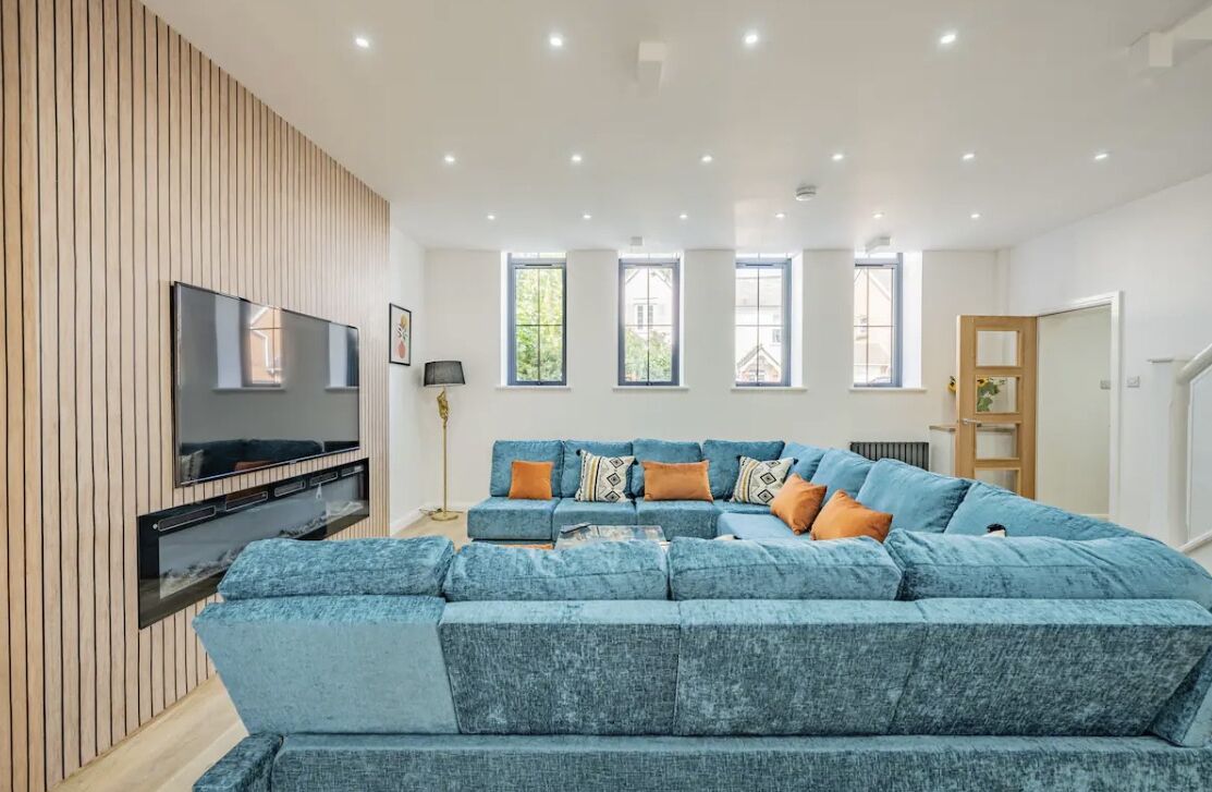 Smart TV, fireplace, books