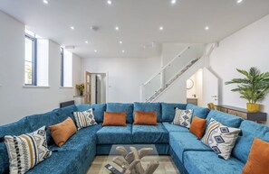 Smart TV, fireplace, books