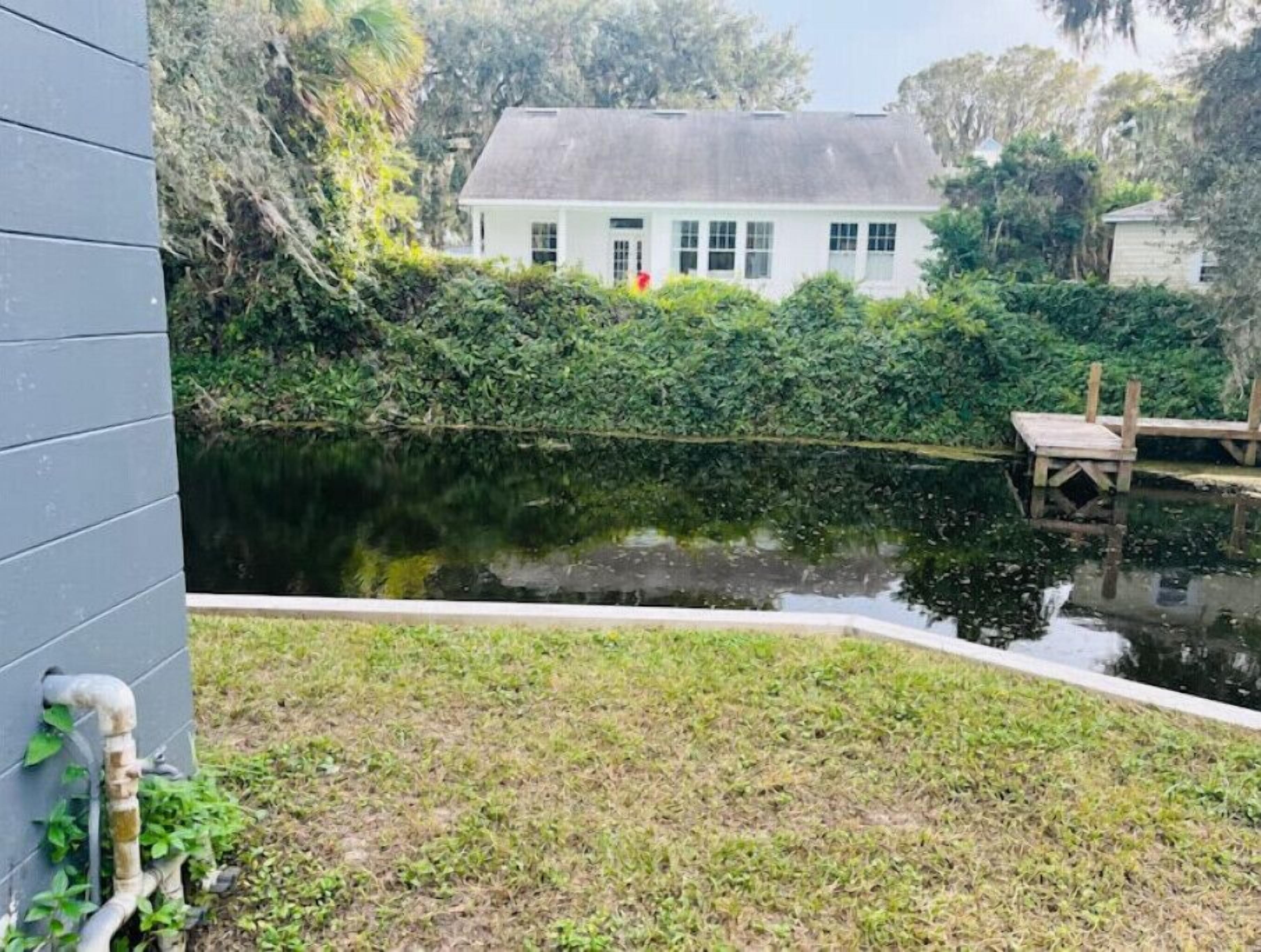 A house with a pond in front, surrounded by greenery.