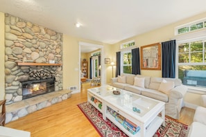 Smart TV, chimenea, reproductor de DVD y libros 