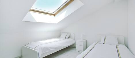A bedroom with a skylight, two beds, a nightstand, and a bedside table.