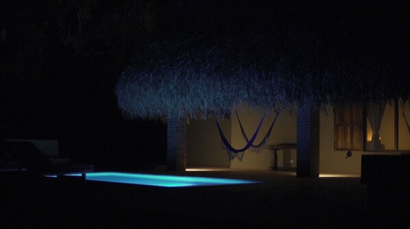 A darkened outdoor area with a tree, a pool, and a building in the background.
