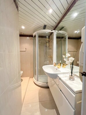 Douche, séchoir à cheveux, serviettes fournies