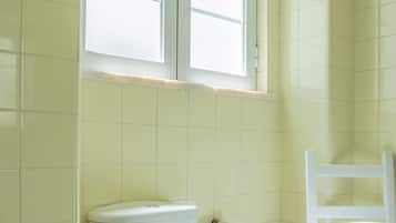 A bathroom with a toilet, a window, and a chair.