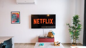 Een moderne kamer met een flatscreen waarop 'NETFLIX' staat, een klein tafeltje met een boek en een mand, een rode kast met een bordje 'Smile' en een bamboeplant.