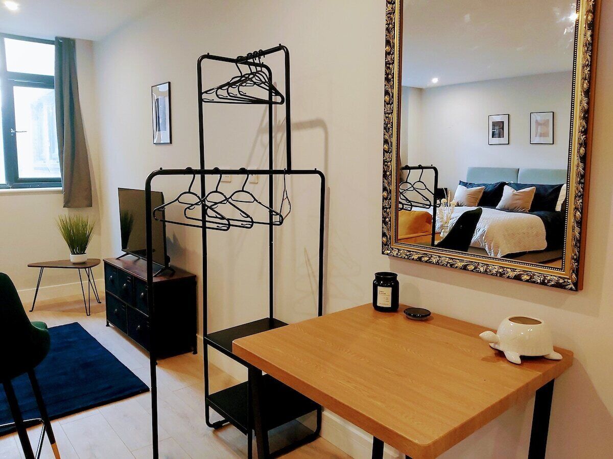 A hotel room with a wooden desk, a black metal drying rack, a television, a small plant, and a large mirror with a decorative frame.