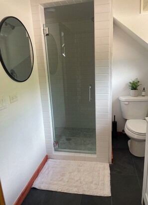 Hair dryer, towels, soap, toilet paper