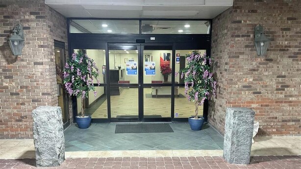 Ingresso di un hotel con facciata in mattoni, vetrate e piante in vaso.