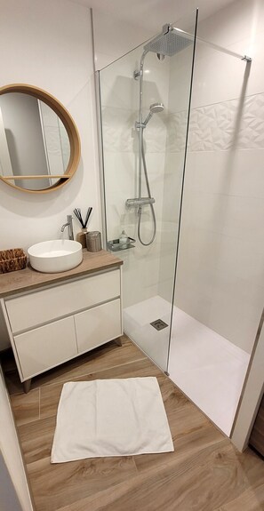Chuveiro, secador de cabelo, toalhas de banho 