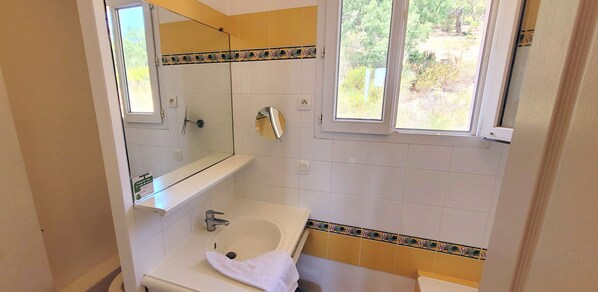 A bathroom with a white sink, a mirror, a shower, and a window with a view of greenery. - Rare pearl with pool and beautiful sea view (Grimaud)