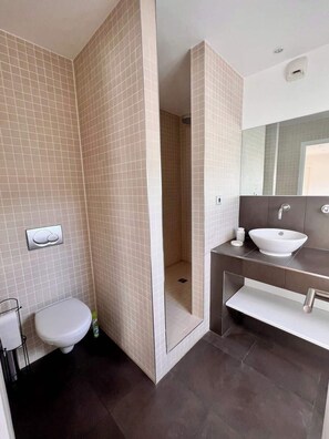 Dusche, Haartrockner, Handtücher, Seife