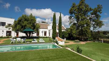 Outdoor pool, pool umbrellas, sun loungers