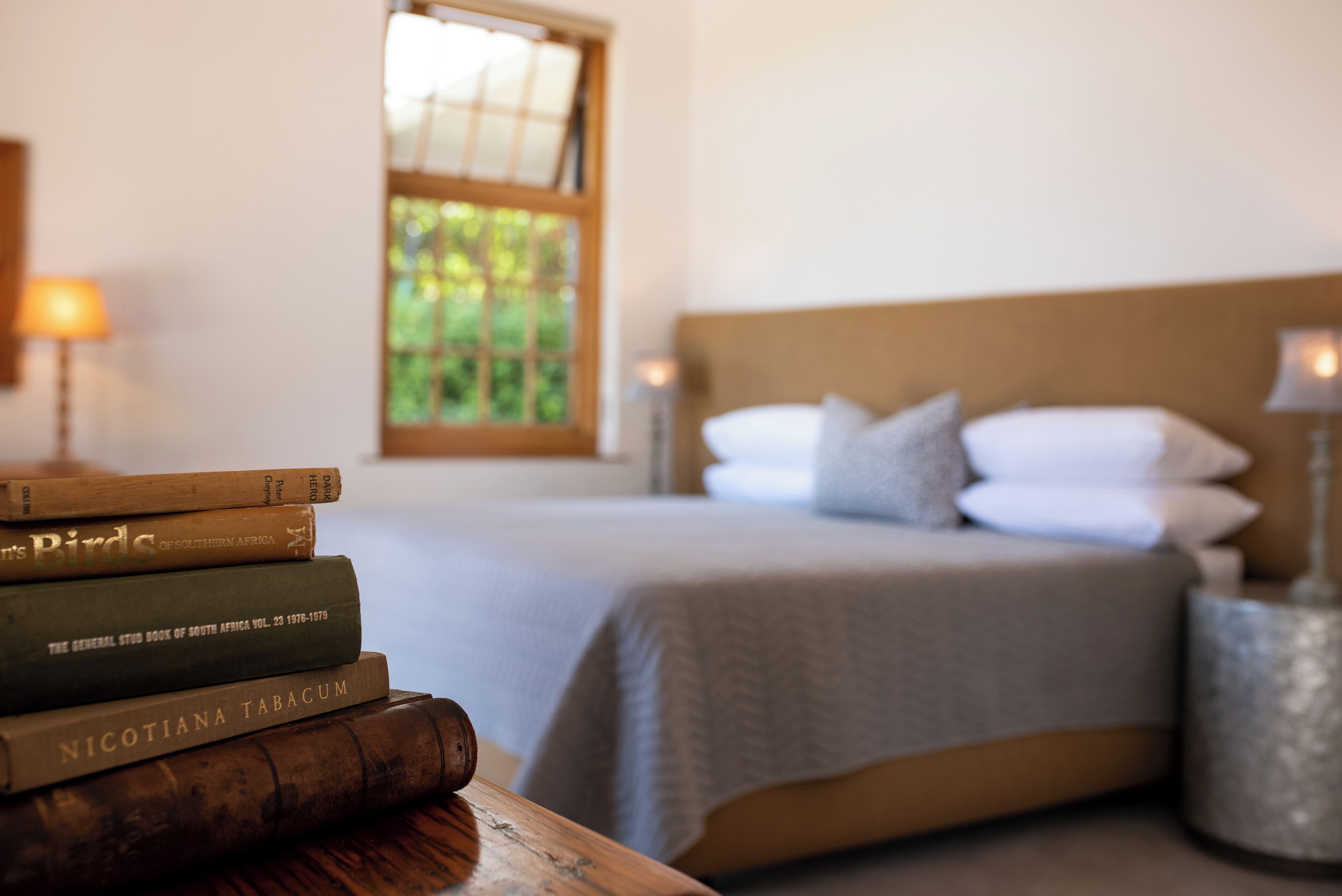 Una cama bien hecha con almohadas y una mesita de noche con libros.