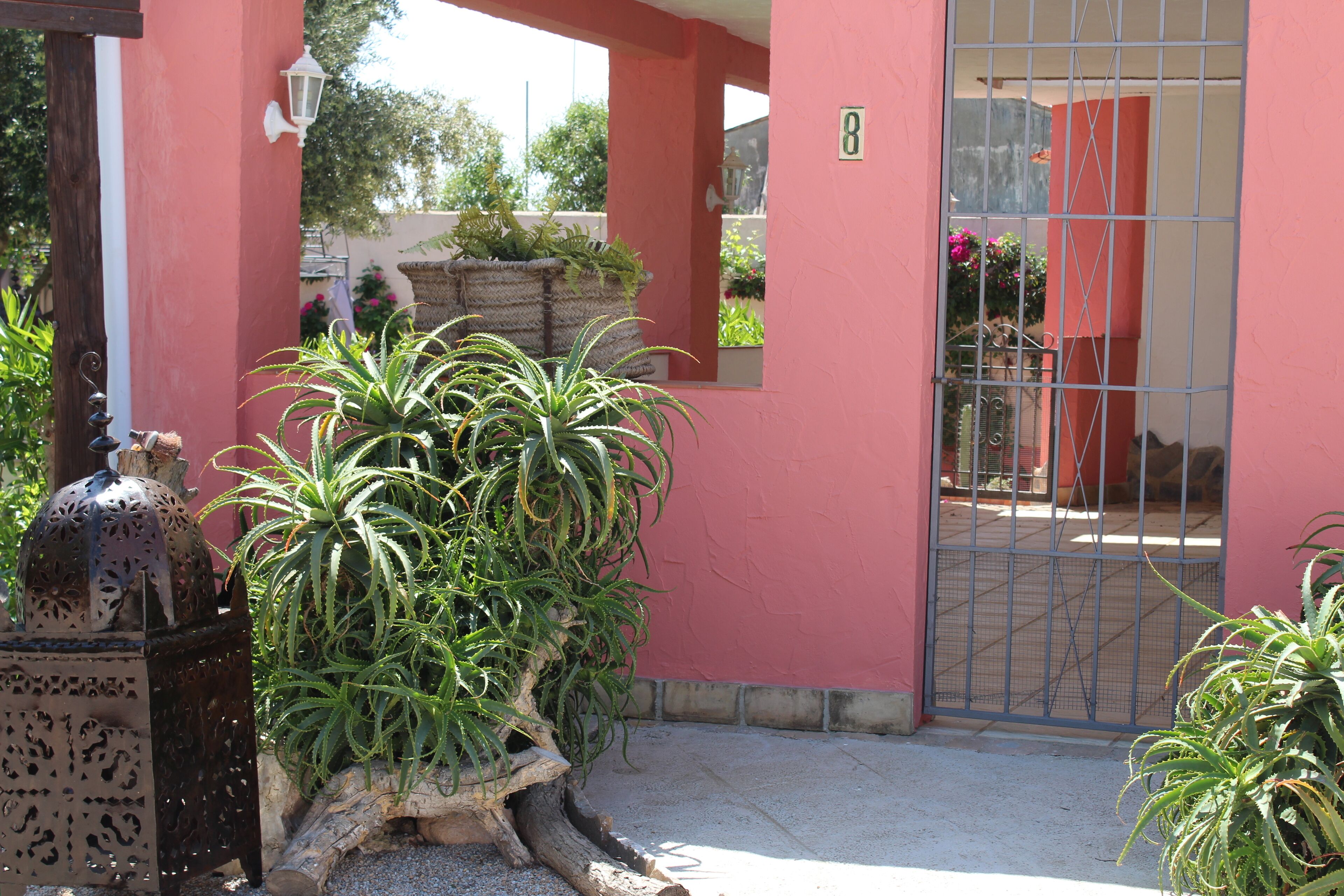 A courtyard with potted plants, a metal gate, and a building with a pink wall and a number '8' sign.