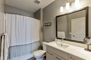 Hair dryer, towels, soap, shampoo