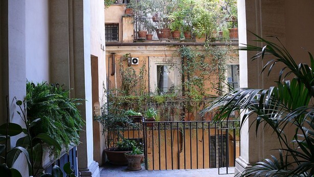 Une petite cour étroite, avec un sol carrelé, une porte en métal et des plantes en pot.