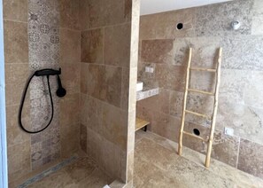 Shower, hair dryer, towels