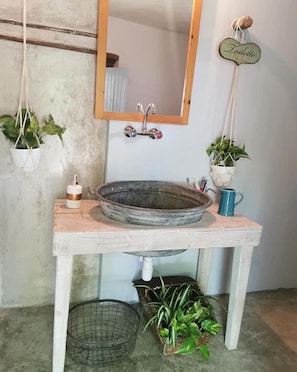 Ein rustikales Badezimmer-Waschbecken mit einem großen, runden Becken, einem Spiegel und hängenden Pflanzen.