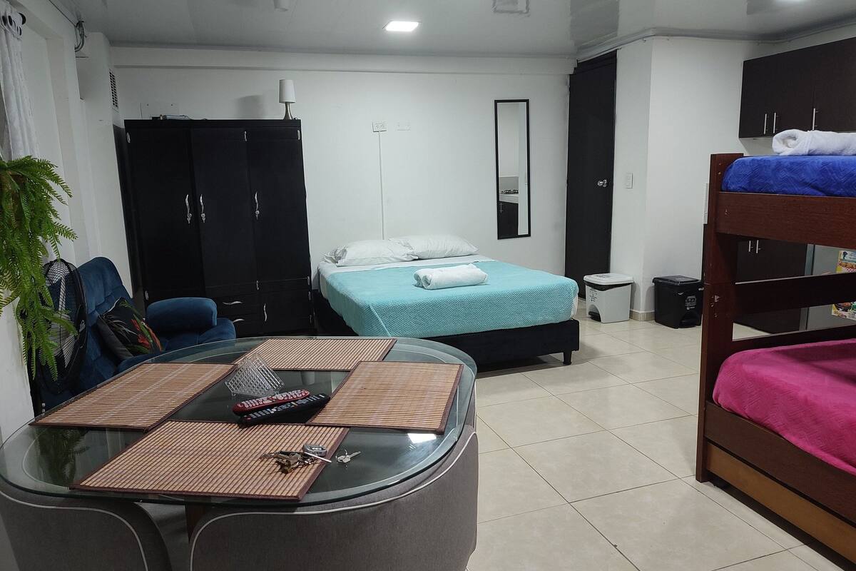 A compact hotel room with a bed, a small table with a chair, a bunk bed, a wardrobe, and a potted plant.