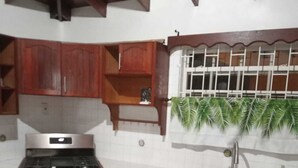 A kitchen with wooden cabinets, a stainless steel stove, and a window with a decorative plant. - Tropical Paradise (Bridgetown)