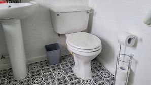 Un baño con inodoro blanco, lavamanos y cubo de basura.