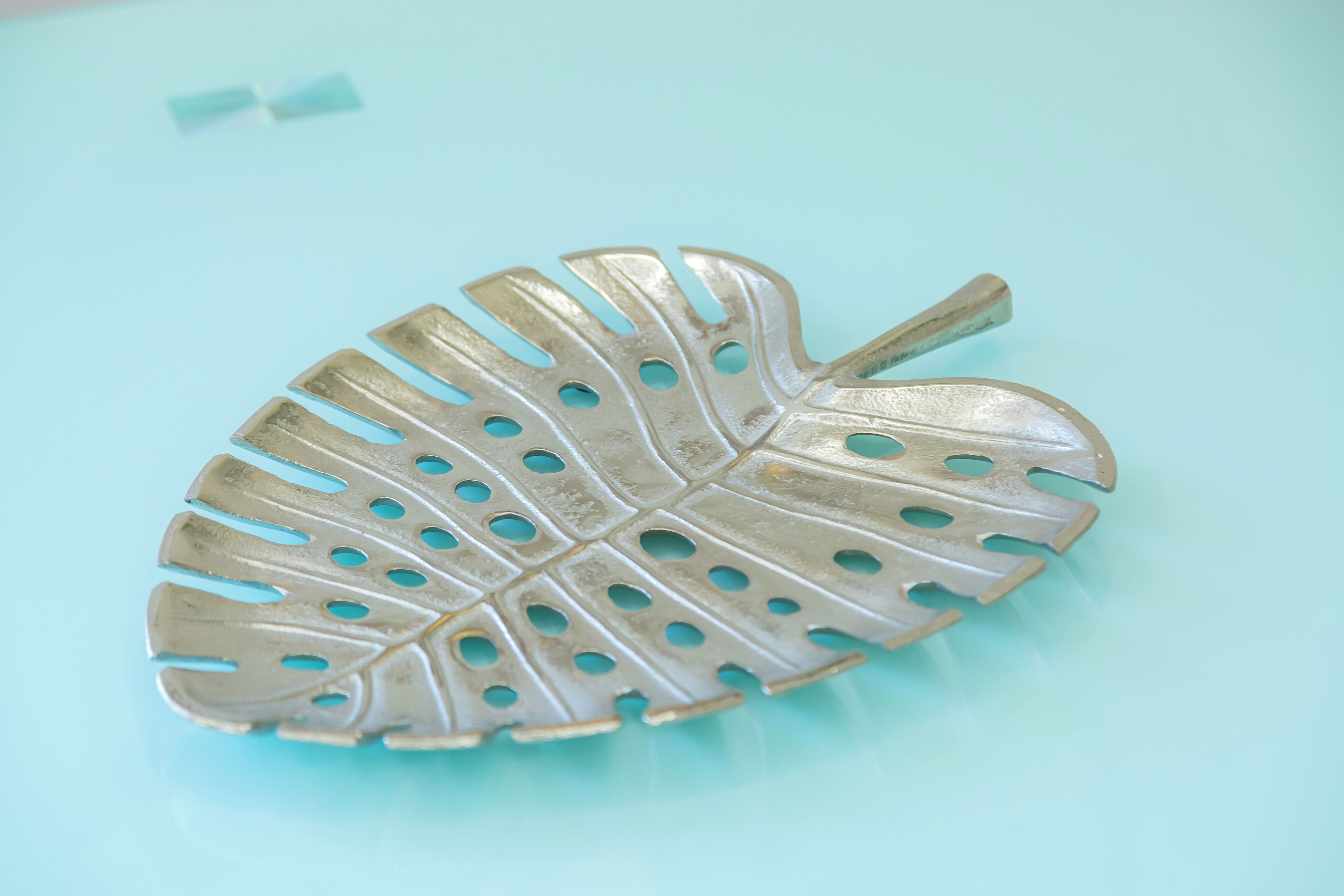 A metallic leaf-shaped object with holes on a light blue surface.