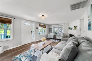 TV connectée, cheminée, livres