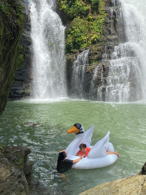 A waterfall with two inflatable swan floats in the water. - Enchanted Sloth (Manuel Antonio)