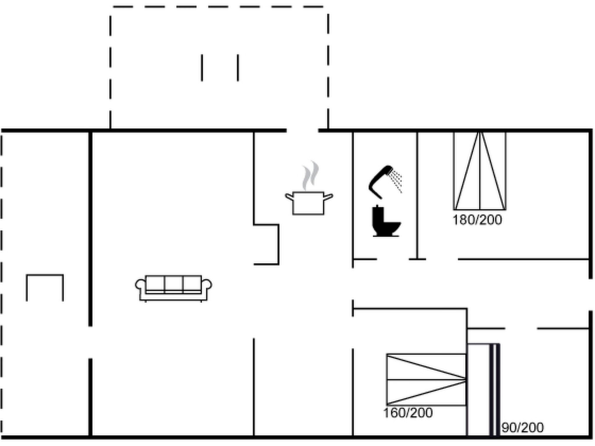 Un plan d’étage comprenant un espace de vie, une kitchenette et une salle de bain.