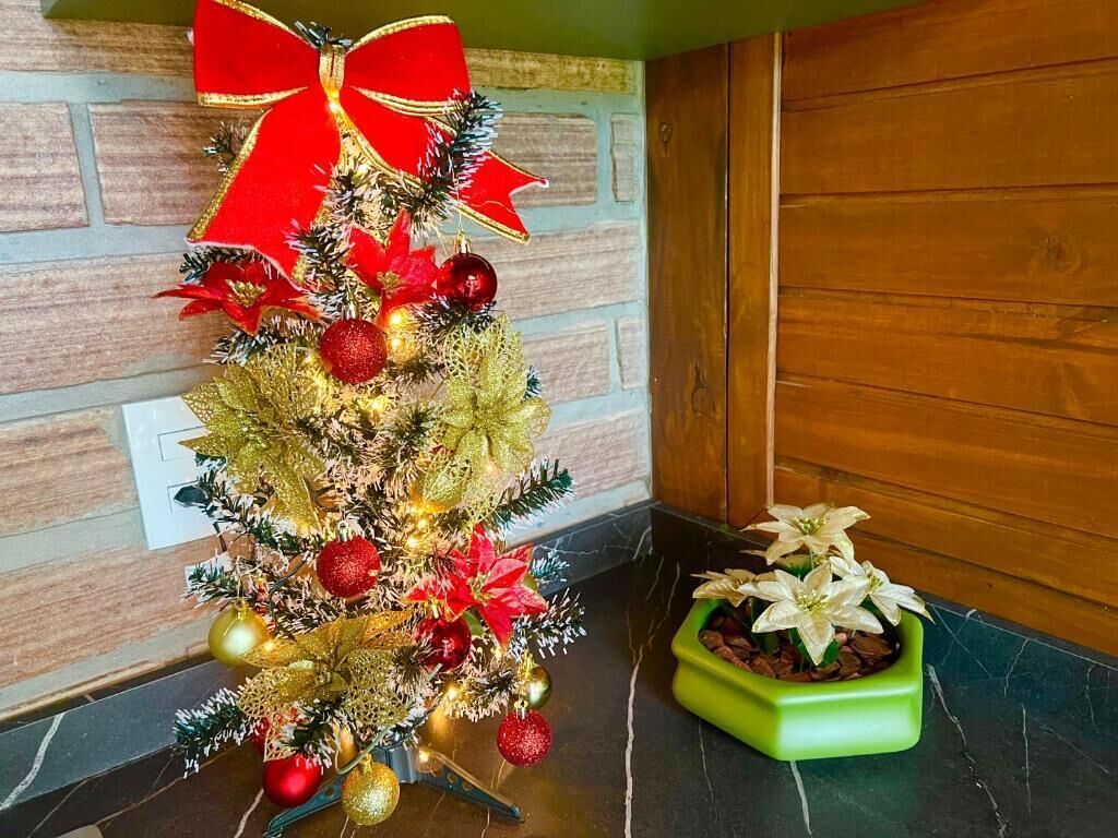 A decorated Christmas tree with a red bow, red and gold ornaments, and poinsettias.
