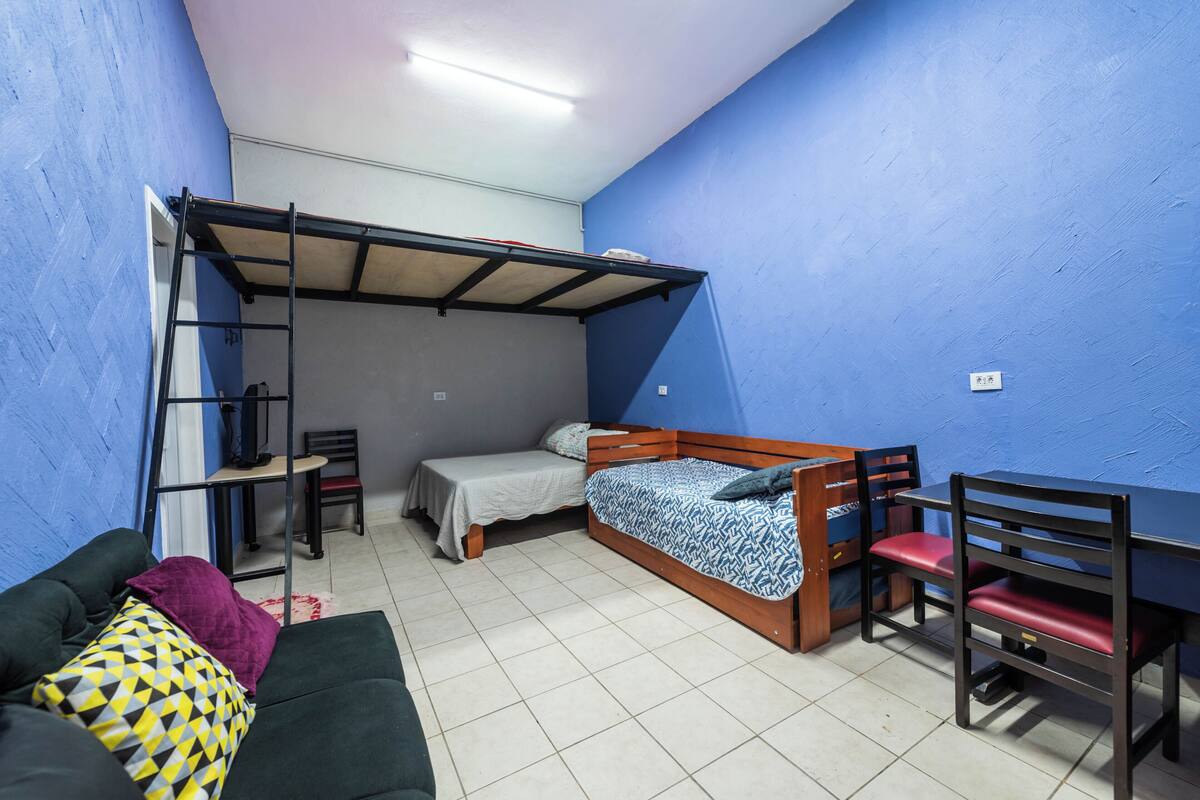 Una camera in stile dormitorio con un letto a castello, una scrivania, una sedia e un divano.