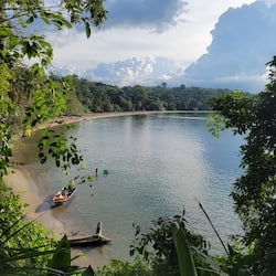 Escape to a serene lakeside haven with a tranquil beach, lush greenery, and a small boat waiting to explore.