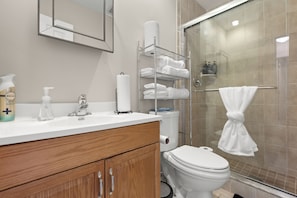 Eco-friendly toiletries, hair dryer, towels, soap