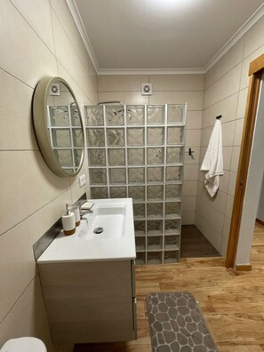 Shower, hair dryer, towels, soap