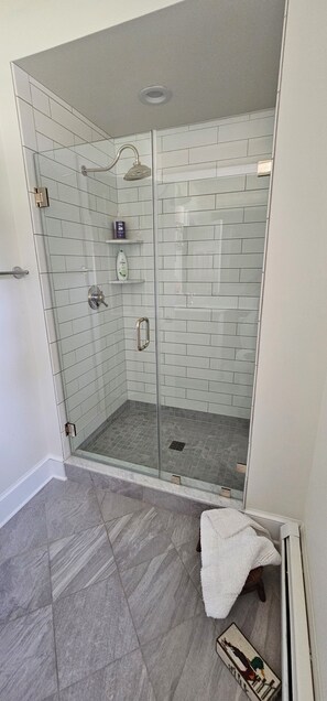 Hair dryer, towels, soap, shampoo