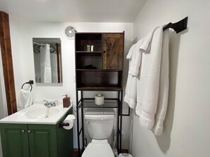 Un baño con un armario verde, lavamanos blanco y un inodoro. Hay un perchero con toallas y un espejo sobre el lavamanos.