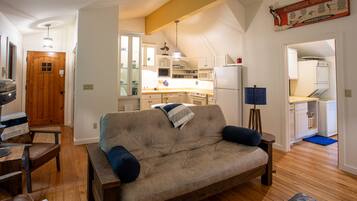 Smart TV, fireplace, books