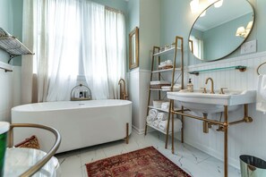 Hair dryer, towels, soap, toilet paper - 1883 Colonial Revival Historical Renovation (Mount Pleasant)