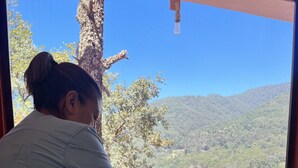 A massage therapy session in a room with a view of a mountainous landscape.