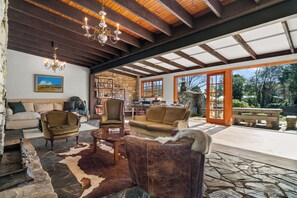 TV connectée, cheminée, livres