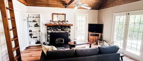 Télévision, cheminée, livres