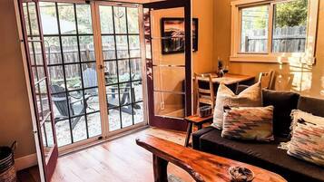 TV, fireplace, books