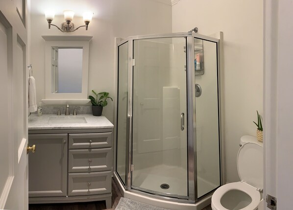 A bathroom with a glass-enclosed shower, a sink with a mirror above it, and a toilet. - Vashon Inn (Vashon Island)