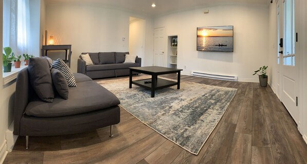 Una sala moderna con un sofá gris, una mesa de centro y un tapete grande.