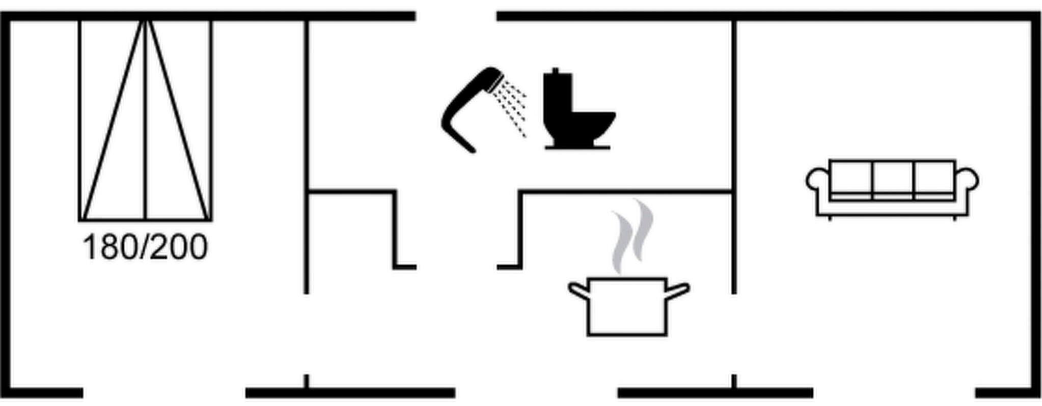 A floor plan with a kitchenette, a toilet, and a sofa.