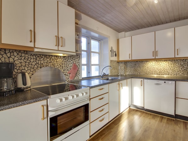 Fridge, microwave, dishwasher, cookware/dishes/utensils
