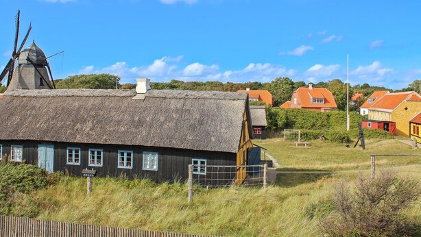 A traditional thatched-roof building with a windmill, surrounded by houses with orange roofs, under a clear blue sky. - "Borka" - 150m from the sea by Interhome (Skagen)